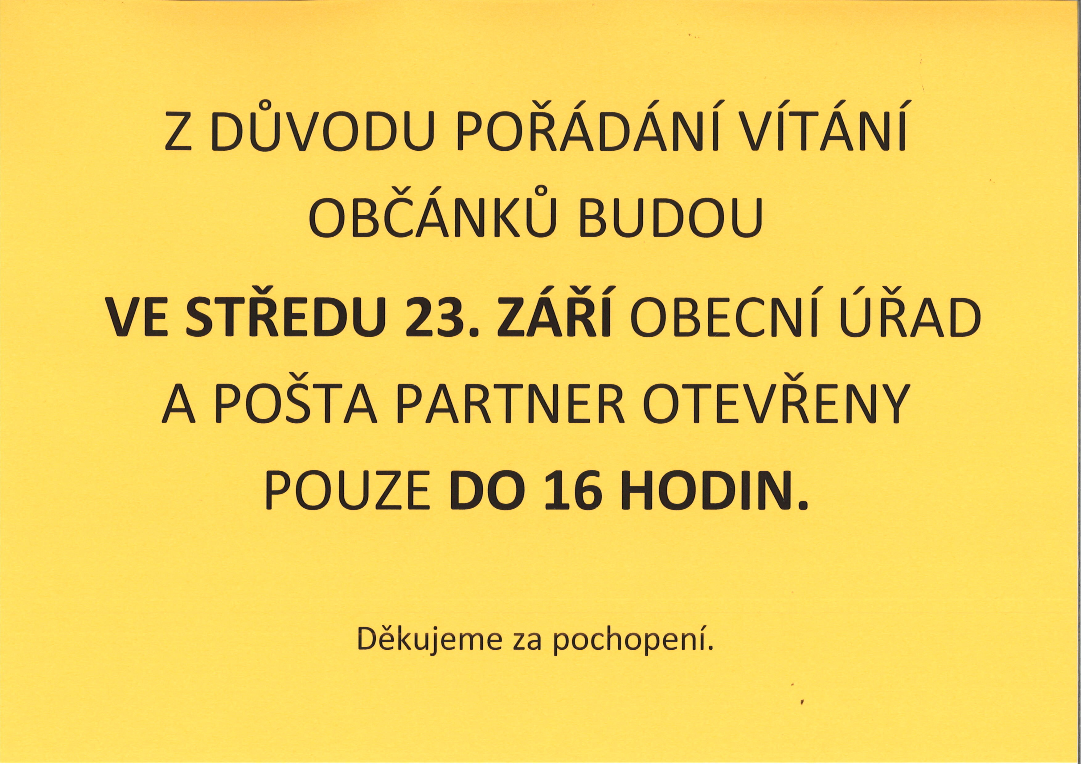 Úprava otevírací doby úřadu a pošty 23.9.2026